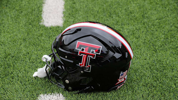 Oct 19, 2024; Lubbock, Texas, USA;  A general view of a Texas Tech Red Raiders helmet on the field before the game against the Baylor Bears at Jones AT&T Stadium and Cody Campbell Field. Mandatory Credit: Michael C. Johnson-Imagn Images
