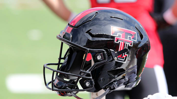 Sep 30, 2023; Lubbock, Texas, USA;  A general view of a Texas Tech Red Raiders helmet on the bench during the game against the Houston Cougars at Jones AT&T Stadium and Cody Campbell Field. Mandatory Credit: Michael C. Johnson-Imagn Images