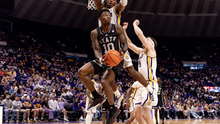 Feb 24, 2024; Baton Rouge, Louisiana, USA; Mississippi State Bulldogs guard Dashawn Davis (10)