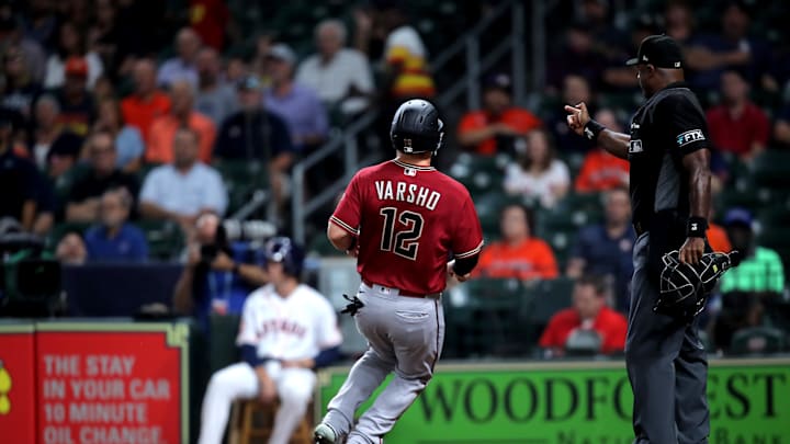 Sep 28, 2022; Houston, Texas, USA; Arizona Diamondbacks center fielder Daulton Varsho (12) crosses