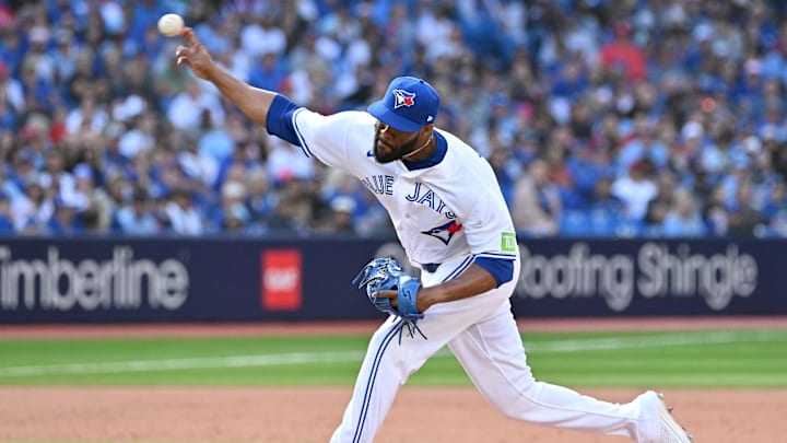 Aug 27, 2023; Toronto, Ontario, CAN;  Toronto Blue Jays relief pitcher Jay Jackson (35) delivers a