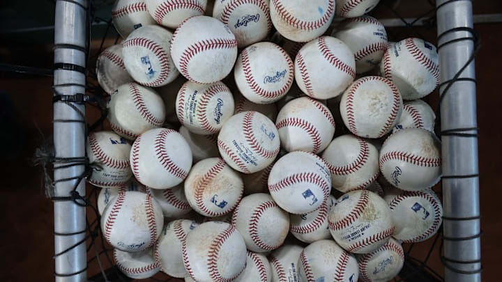 Oct 22, 2023; Houston, Texas, USA; General view of baseballs before game six of the ALCS for the