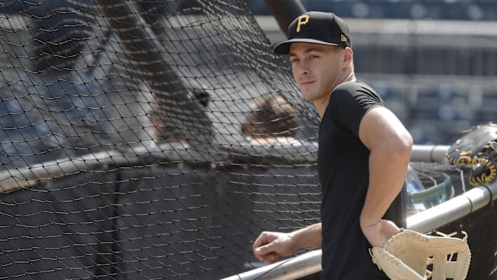 Aug 2, 2024; Pittsburgh, Pennsylvania, USA;  Pittsburgh Pirates shortstop Konnor Griffin who was the ninth overall pick in first round of the 2024 First-Year Player Draft looks on at the batting cage before a game against the Arizona Diamondbacks at PNC Park. Mandatory Credit: Charles LeClaire-Imagn Images