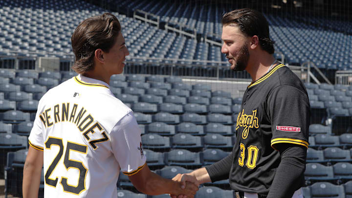 Jul 22, 2025; Pittsburgh, Pennsylvania, USA; Seth Hernandez (left) the Pittsburgh Pirates first round and number six overall pick in the 2025 first year player draft greets Pirates pitcher Paul Skenes (30) before the game against the Detroit Tigers at PNC Park. Mandatory Credit: Charles LeClaire-Imagn Images Jul 22, 2025; Pittsburgh, Pennsylvania, USA; Seth Hernandez (left) the Pittsburgh Pirates first round and number six overall pick in the 2025 first year player draft greets Pirates pitcher Paul Skenes (30) before the game against the Detroit Tigers at PNC Park. Mandatory Credit: Charles LeClaire-Imagn Images