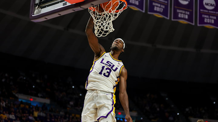 Nov 22, 2021; Baton Rouge, Louisiana, USA;  LSU Tigers forward Tari Eason (13) dunks the ball