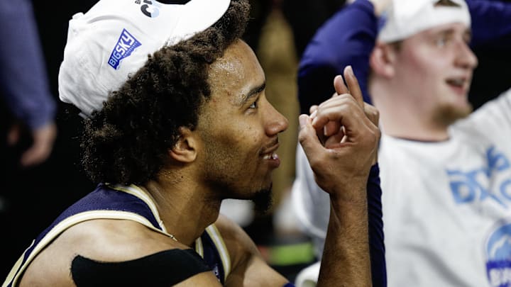 Mar 13, 2024; Boise, ID, USA; Montana State Bobcats guard Robert Ford III (20) celebrates after a win. 