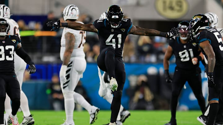 Jacksonville Jaguars linebacker Josh Allen (41) celebrates a sack during the first quarter of a