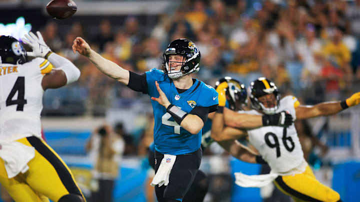 Jacksonville Jaguars quarterback EJ Perry #4 throws during the fourth quarter of an NFL preseason game Saturday, Aug. 20, 2022 at TIAA Bank Field in Jacksonville. The Pittsburgh Steelers defeated the Jacksonville Jaguars 16-15.
