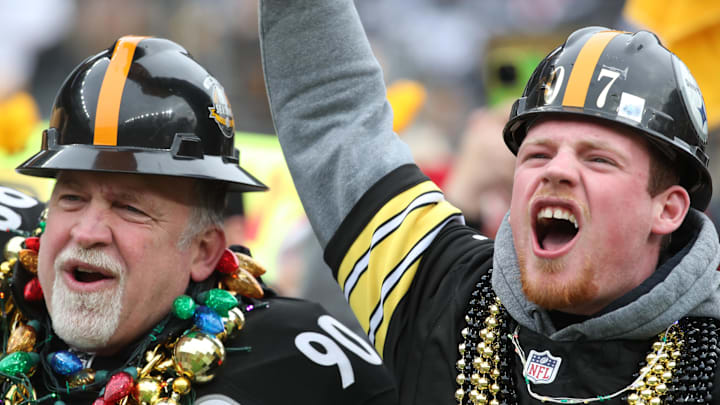 Dec 25, 2024; Pittsburgh, Pennsylvania, USA;  Pittsburgh Steelers fans cheer against the Kansas City Chiefs during the second quarter at Acrisure Stadium. Mandatory Credit: Charles LeClaire-Imagn Images