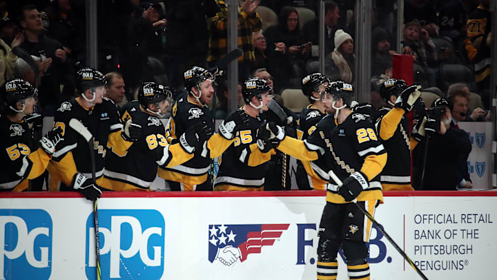 Dec 3, 2024; Pittsburgh, Pennsylvania, USA;  Pittsburgh Penguins defenseman Marcus Pettersson (28) celebrates with the bench after scoring a goal against the Florida Panthers during the third period at PPG Paints Arena. Mandatory Credit: Charles LeClaire-Imagn Images