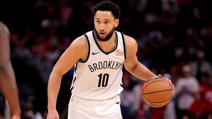 Feb 1, 2025; Houston, Texas, USA; Brooklyn Nets guard Ben Simmons (10) handles the ball against the Houston Rockets during the third quarter at Toyota Center. Mandatory Credit: Erik Williams-Imagn Images