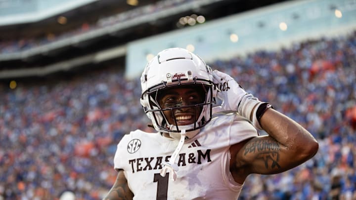 Sep 14, 2024; Gainesville, Florida, USA; Texas A&M Aggies defensive back Bryce Anderson (1) gestures to the crowd against the Florida Gators during the second half at Ben Hill Griffin Stadium. Mandatory Credit: Matt Pendleton-Imagn Images