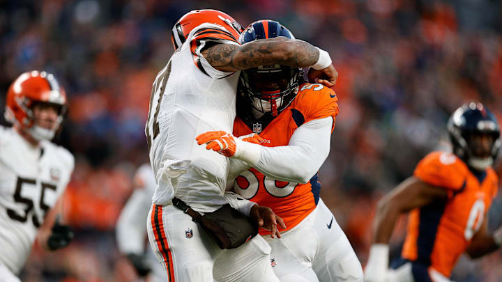 Nov 26, 2023; Denver, Colorado, USA; Cleveland Browns quarterback Dorian Thompson-Robinson (17) is hit by Denver Broncos linebacker Baron Browning (56) in the third quarter at Empower Field at Mile High. Mandatory Credit: Isaiah J. Downing-Imagn Images Nov 26, 2023; Denver, Colorado, USA; Cleveland Browns quarterback Dorian Thompson-Robinson (17) is hit by Denver Broncos linebacker Baron Browning (56) in the third quarter at Empower Field at Mile High. Mandatory Credit: Isaiah J. Downing-Imagn Images