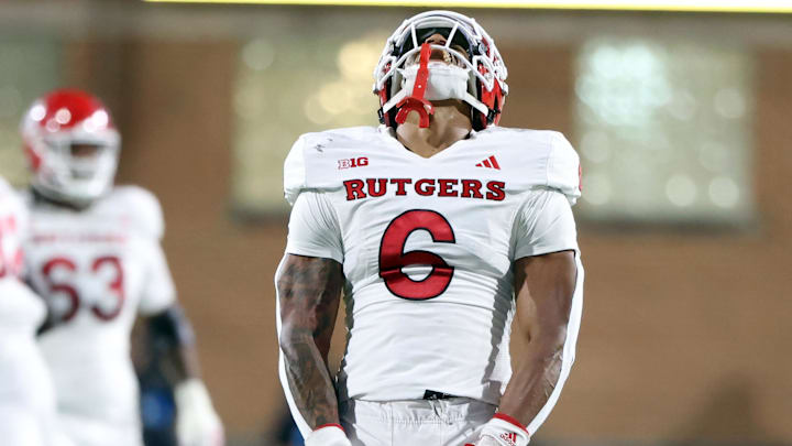 Nov 16, 2024; College Park, Maryland, USA; Rutgers Scarlet Knights defensive back Shaquan Loyal (6) celebrates during the second half against the Maryland Terrapins at SECU Stadium. Mandatory Credit: Daniel Kucin Jr.-Imagn Images