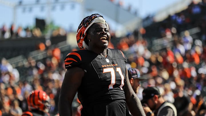 Oct 6, 2024; Cincinnati, Ohio, USA; Cincinnati Bengals offensive tackle Amarius Mims (71) during warmups before the game against the Baltimore Ravens at Paycor Stadium. Mandatory Credit: Katie Stratman-Imagn Images