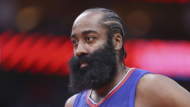 Mar 6, 2024; Houston, Texas, USA; Los Angeles Clippers guard James Harden (1) looks on during the game against the Houston Rockets at Toyota Center. Mar 6, 2024; Houston, Texas, USA; Los Angeles Clippers guard James Harden (1) looks on during the game against the Houston Rockets at Toyota Center.