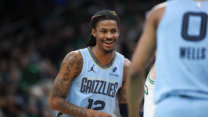 Dec 7, 2024; Boston, Massachusetts, USA; Memphis Grizzlies guard Ja Morant (12) reacts during the second half against the Boston Celtics at TD Garden. Mandatory Credit: Paul Rutherford-Imagn Images Dec 7, 2024; Boston, Massachusetts, USA; Memphis Grizzlies guard Ja Morant (12) reacts during the second half against the Boston Celtics at TD Garden. Mandatory Credit: Paul Rutherford-Imagn Images