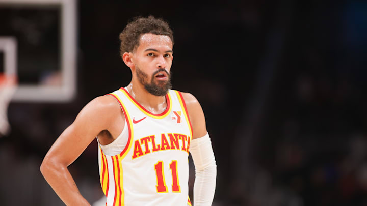Oct 14, 2024; Atlanta, Georgia, USA; Atlanta Hawks guard Trae Young (11) in action against the Philadelphia 76ers in the second quarter at State Farm Arena. Mandatory Credit: Brett Davis-Imagn Images
