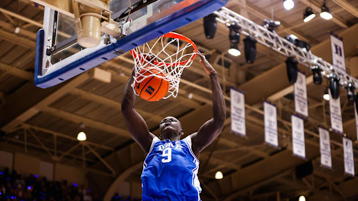 Oct 4, 2024; Durham, NC, USA; Duke Blue Devils center Khaman Maluach (9) dunks the ball during Countdown to Craziness at Cameron Indoor Stadium. Mandatory Credit: Jaylynn Nash-Imagn Images