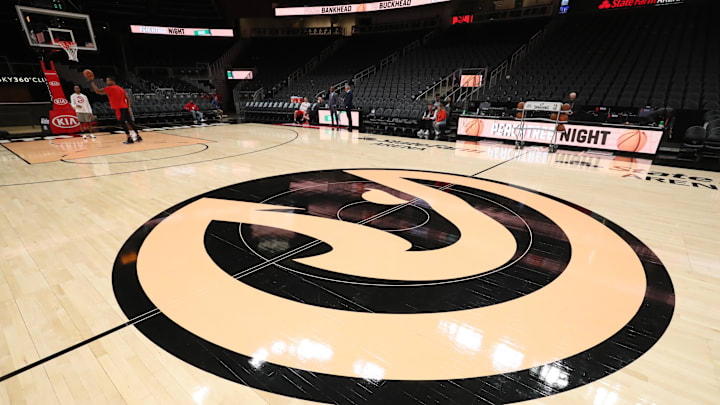 Jan 18, 2020; Atlanta, Georgia, USA; The Atlanta Hawks logo is shown during warm-ups on Peachtree Night before a game between the Atlanta Hawks and the Detroit Pistons at State Farm Arena. Mandatory Credit: Jason Getz-Imagn Images