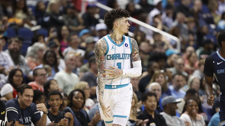 Oct 15, 2025; Greensboro, North Carolina, USA; Charlotte Hornets guard LaMelo Ball (1) celebrates after making a three-poiunt basket during the second half against the Memphis Grizzlies at First Horizon Coliseum. Mandatory Credit: Brian Westerholt-Imagn Images Oct 15, 2025; Greensboro, North Carolina, USA; Charlotte Hornets guard LaMelo Ball (1) celebrates after making a three-poiunt basket during the second half against the Memphis Grizzlies at First Horizon Coliseum. Mandatory Credit: Brian Westerholt-Imagn Images