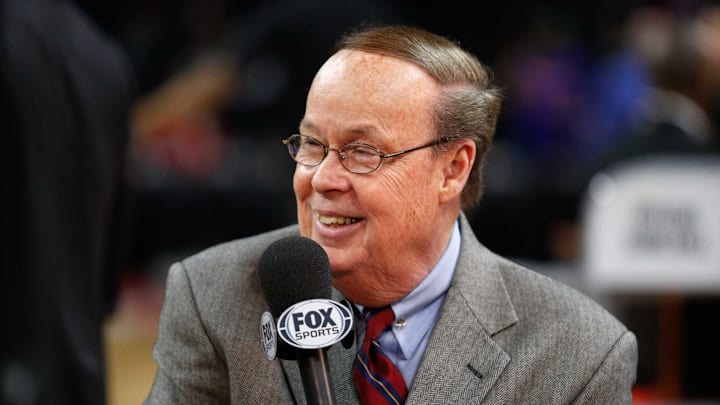 Feb 28, 2017; Auburn Hills, MI, USA; Radio and television commentator George Blaha smiles before the game between the Detroit Pistons and the Portland Trail Blazers at The Palace of Auburn Hills. Pistons won 120-113 in overtime. Mandatory Credit: Raj Mehta-Imagn Images