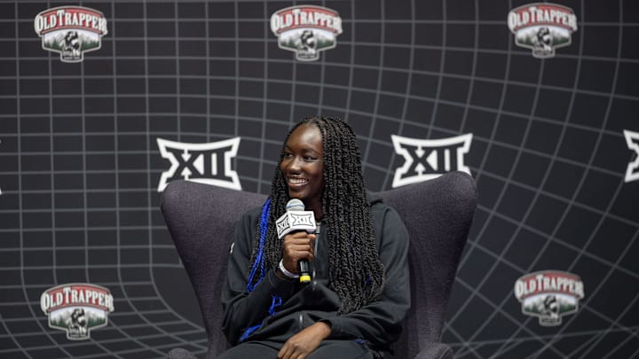 Oct 17, Kansas City, MO, USA; University of Central Florida s Achol Akot answers questions at the Big 12 Women s Basketball Tipoff  at T-Mobile Center. Mandatory Credit: Kylie Graham-Imagn Images