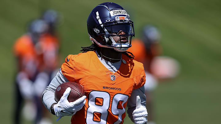 May 23, 2024; Englewood, CO, USA; Denver Broncos wide receiver Brandon Johnson (89) during organized team activities at Centura Health Training Center. Mandatory Credit: Isaiah J. Downing-Imagn Images May 23, 2024; Englewood, CO, USA; Denver Broncos wide receiver Brandon Johnson (89) during organized team activities at Centura Health Training Center. Mandatory Credit: Isaiah J. Downing-Imagn Images