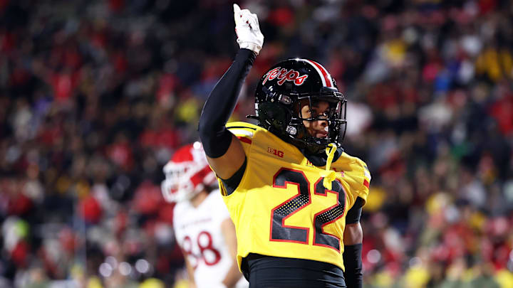 Nov 16, 2024; College Park, Maryland, USA; Maryland Terrapins defensive back Jalen Huskey (22) celebrates during the second half against the Rutgers Scarlet Knights at SECU Stadium. Mandatory Credit: Daniel Kucin Jr.-Imagn Images