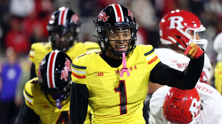 Nov 16, 2024; College Park, Maryland, USA; Maryland Terrapins defensive back Glendon Miller (1) celebrates during the second half against the Rutgers Scarlet Knights at SECU Stadium. Mandatory Credit: Daniel Kucin Jr.-Imagn Images
