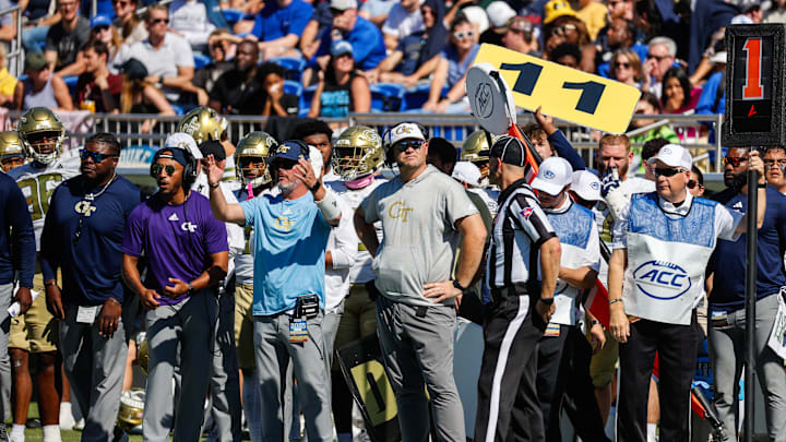 Oct 18, 2025; Durham, North Carolina, USA; Georgia Tech Yellow Jackets head coach Brent Key looks on during the first half of the game against Duke Blue Devils at Wallace Wade Stadium. Mandatory Credit: Jaylynn Nash-Imagn Images Oct 18, 2025; Durham, North Carolina, USA; Georgia Tech Yellow Jackets head coach Brent Key looks on during the first half of the game against Duke Blue Devils at Wallace Wade Stadium. Mandatory Credit: Jaylynn Nash-Imagn Images