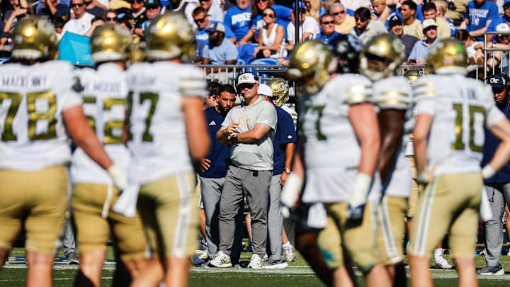Oct 18, 2025; Durham, North Carolina, USA;  Georgia Tech Yellow Jackets head coach Brent Key looks on during the second half of the game against Duke Blue Devils at Wallace Wade Stadium. Mandatory Credit: Jaylynn Nash-Imagn Images