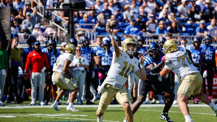 Oct 18, 2025; Durham, North Carolina, USA;  Georgia Tech Yellow Jackets quarterback Haynes King (10) throws the ball during the first half of the game against Duke Blue Devils at Wallace Wade Stadium. Mandatory Credit: Jaylynn Nash-Imagn Images