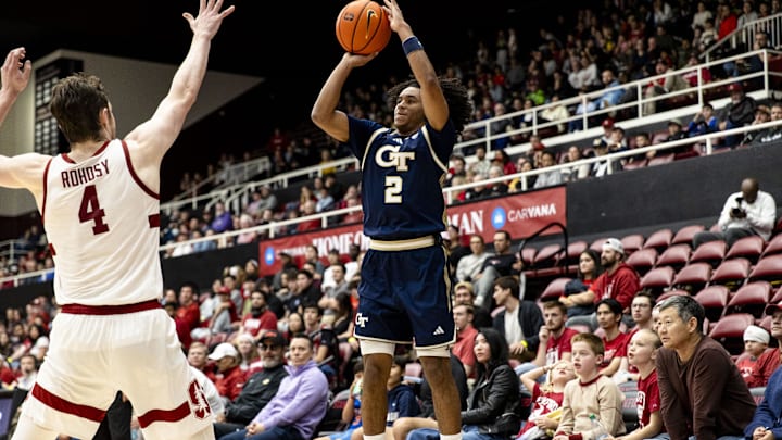 Feb 7, 2026; Stanford, California, USA; Georgia Tech Yellow Jackets guard Eric Chatfield Jr. (2) takes a three-point shot against the Stanford Cardinal during the second half at Maples Pavilion. Mandatory Credit: John Hefti-Imagn Images