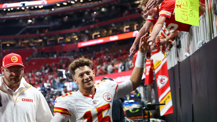 Sep 22, 2024; Atlanta, Georgia, USA; Kansas City Chiefs quarterback Patrick Mahomes (15) talks to fans after a victory over the Atlanta Falcons at Mercedes-Benz Stadium. Mandatory Credit: Brett Davis-Imagn Images Sep 22, 2024; Atlanta, Georgia, USA; Kansas City Chiefs quarterback Patrick Mahomes (15) talks to fans after a victory over the Atlanta Falcons at Mercedes-Benz Stadium. Mandatory Credit: Brett Davis-Imagn Images