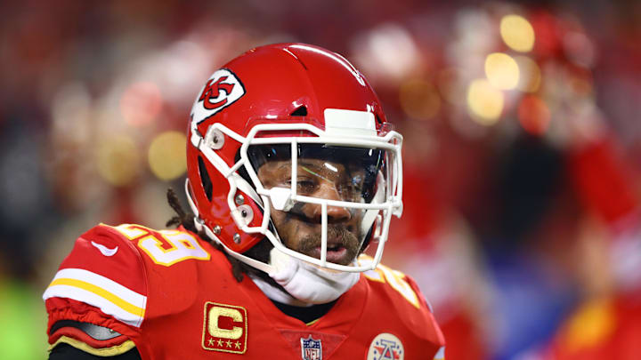 Jan 20, 2019; Kansas City, MO, USA; Kansas City Chiefs safety Eric Berry (29) against the New England Patriots during the AFC championship game at Arrowhead Stadium. Mandatory Credit: Mark J. Rebilas-Imagn Images