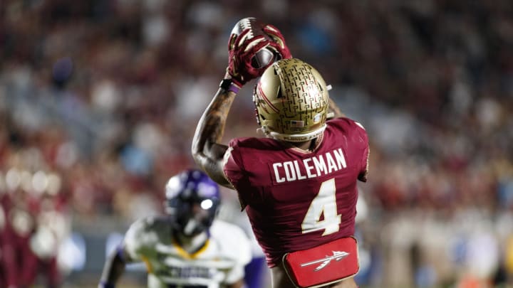 Nov 18, 2023; Tallahassee, Florida, USA; Florida State Seminoles wide receiver Keon Coleman (4) catches a ball in the endzone to score a touchdown against the North Alabama Lions during the third quarter at Doak S. Campbell Stadium. Mandatory Credit: Morgan Tencza-USA TODAY Sports Nov 18, 2023; Tallahassee, Florida, USA; Florida State Seminoles wide receiver Keon Coleman (4) catches a ball in the endzone to score a touchdown against the North Alabama Lions during the third quarter at Doak S. Campbell Stadium. Mandatory Credit: Morgan Tencza-USA TODAY Sports
