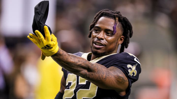 Dec 27, 2021; New Orleans, Louisiana, USA;  New Orleans Saints defensive back Chauncey Gardner-Johnson (22) talks to a fan during the game against Miami Dolphins during the first half at Caesars Superdome.