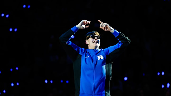 Oct 3, 2025; Durham, NC, USA;  Duke Blue Devils guard Nikolas Khamenia (14) is introduced during player introductions at the Countdown to Craziness at the Cameron Indoor Stadium. Mandatory Credit: Jaylynn Nash-Imagn Images