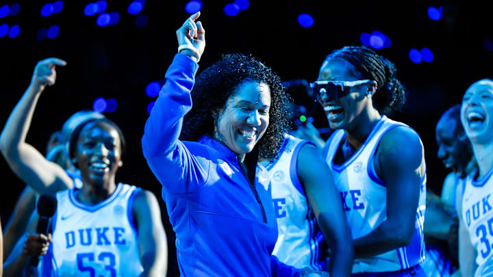 Oct 3, 2025; Durham, NC, USA; Duke Blue Devils head coach Kara Lawson is introduced during player introductions at the Countdown to Craziness at the Cameron Indoor Stadium. Mandatory Credit: Jaylynn Nash-Imagn Images Oct 3, 2025; Durham, NC, USA; Duke Blue Devils head coach Kara Lawson is introduced during player introductions at the Countdown to Craziness at the Cameron Indoor Stadium. Mandatory Credit: Jaylynn Nash-Imagn Images