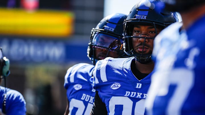 Oct 18, 2025; Durham, North Carolina, USA;Duke Blue Devils defensive tackle Aaron Hall (99) at the coin toss before the first half of the game against Georgia Tech Yellow Jackets at Wallace Wade Stadium. Mandatory Credit: Jaylynn Nash-Imagn Images Oct 18, 2025; Durham, North Carolina, USA;Duke Blue Devils defensive tackle Aaron Hall (99) at the coin toss before the first half of the game against Georgia Tech Yellow Jackets at Wallace Wade Stadium. Mandatory Credit: Jaylynn Nash-Imagn Images