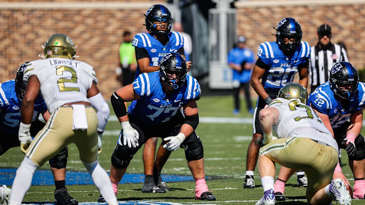 Oct 18, 2025; Durham, North Carolina, USA;  Duke Blue Devils offensive lineman Justin Pickett (77) looks on during the first half of the game against Georgia Tech Yellow Jackets at Wallace Wade Stadium. Mandatory Credit: Jaylynn Nash-Imagn Images