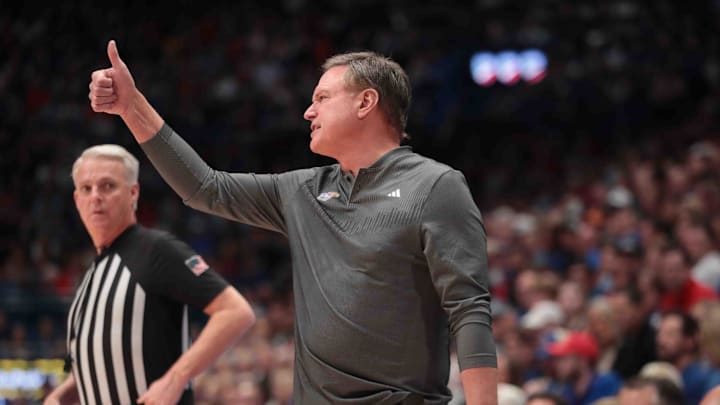 Kansas Jayhawks head coach Bill Self motions a play during the second half of the game against North Carolina-Wilmington Seahawks inside Allen Fieldhouse Tuesday, Nov. 19, 2024.