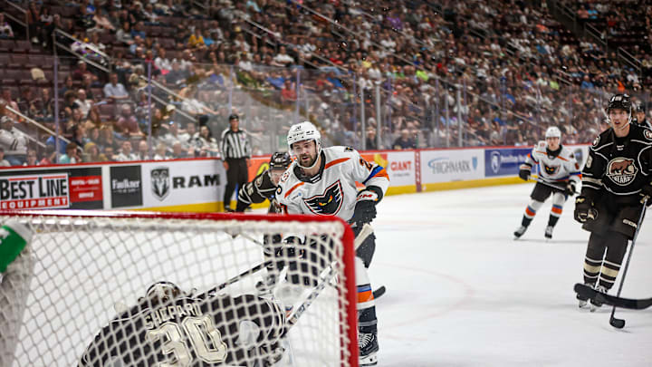 Hunter Shepard (30) makes a great save on a shot by Samu Tuomaala (27). The Lehigh Valley Phantoms played the Hershey Bears in the 1st game of the Calder Cup Semi-finals at the Giant Center in Hershey on May 1, 2024. The Bears won game one 2-1 and now lead the series 1-0. Hunter Shepard (30) makes a great save on a shot by Samu Tuomaala (27). The Lehigh Valley Phantoms played the Hershey Bears in the 1st game of the Calder Cup Semi-finals at the Giant Center in Hershey on May 1, 2024. The Bears won game one 2-1 and now lead the series 1-0.