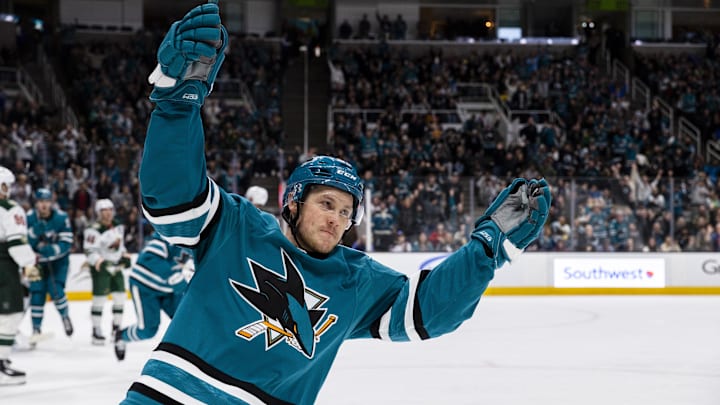 Dec 31, 2025; San Jose, California, USA;  San Jose Sharks left wing Jeff Skinner (53) reacts after scoring against the Minnesota Wild during the second period at SAP Center at San Jose. Mandatory Credit: John Hefti-Imagn Images