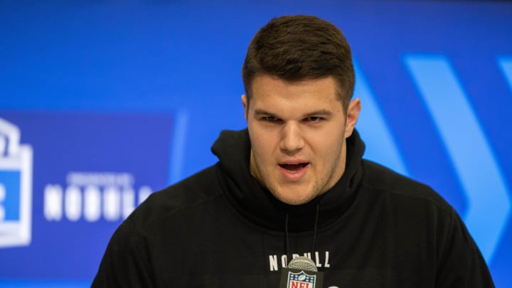 Mar 2, 2024; Indianapolis, IN, USA; Duke offensive lineman Graham Barton (OL06) talks to the media during the 2024 NFL Combine at Lucas Oil Stadium. Mandatory Credit: Trevor Ruszkowski-USA TODAY Sports