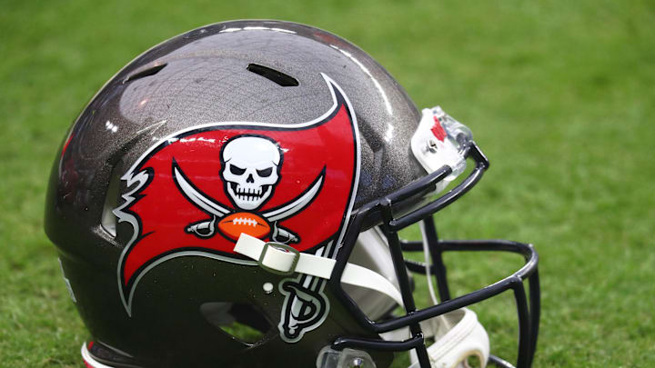 Detailed view of a Tampa Bay Buccaneers helmet against the Las Vegas Raiders.