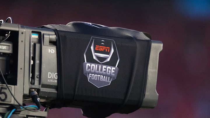 ESPN College Football logo on a tv camera prior to the game. ESPN College Football logo on a tv camera prior to the game.