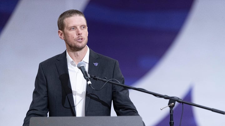 Kansas State new head football coach Collin Klein makes remarks at his introduction ceremony.