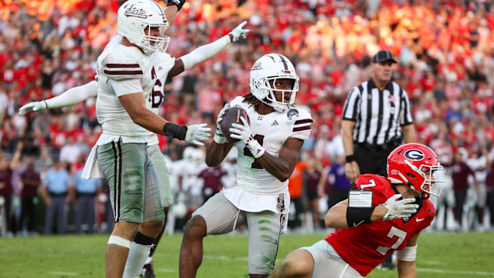 Mississippi State Bulldogs cornerback DeAgo Brumfield (4) reacts after an interception against the Georgia Bulldogs in the third quarter at Sanford Stadium.